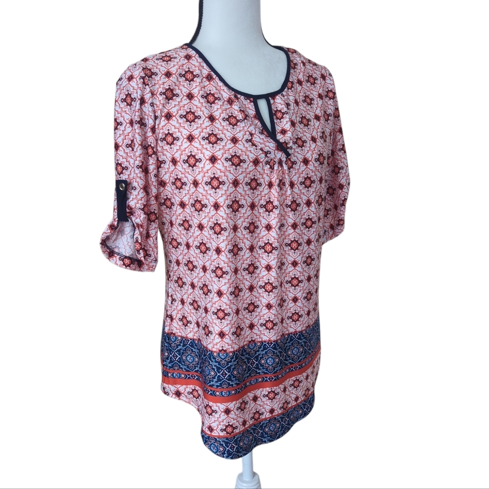 PerSeption Concept Keyhole Tab Sleeve Top SMALL Blue Coral White